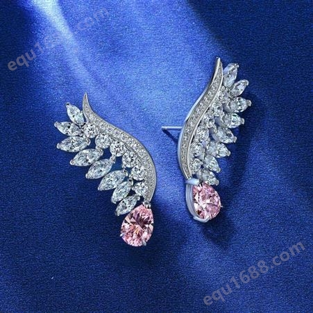 俊恒珠宝2克拉梨形7*10耳环高碳钻耳环粉天使之翼925银翅膀耳饰女