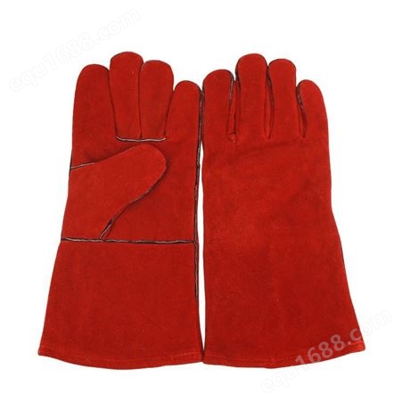 红色二层牛皮劳保焊工电焊手套14英寸35cm公分加长双层加厚加绒里