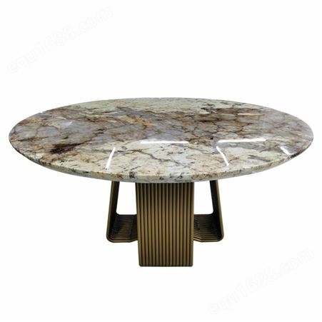 天一美家天然大理石圆形餐桌不锈钢钛金底酒店奢石餐台定制